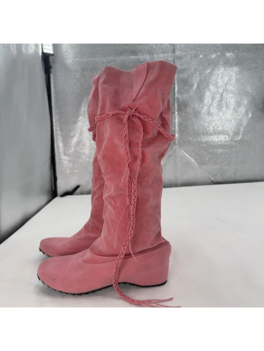 Pink Suede Slouchy Knee High Rubber Boots Y2K Braided Fringe Tassel Flat Boot